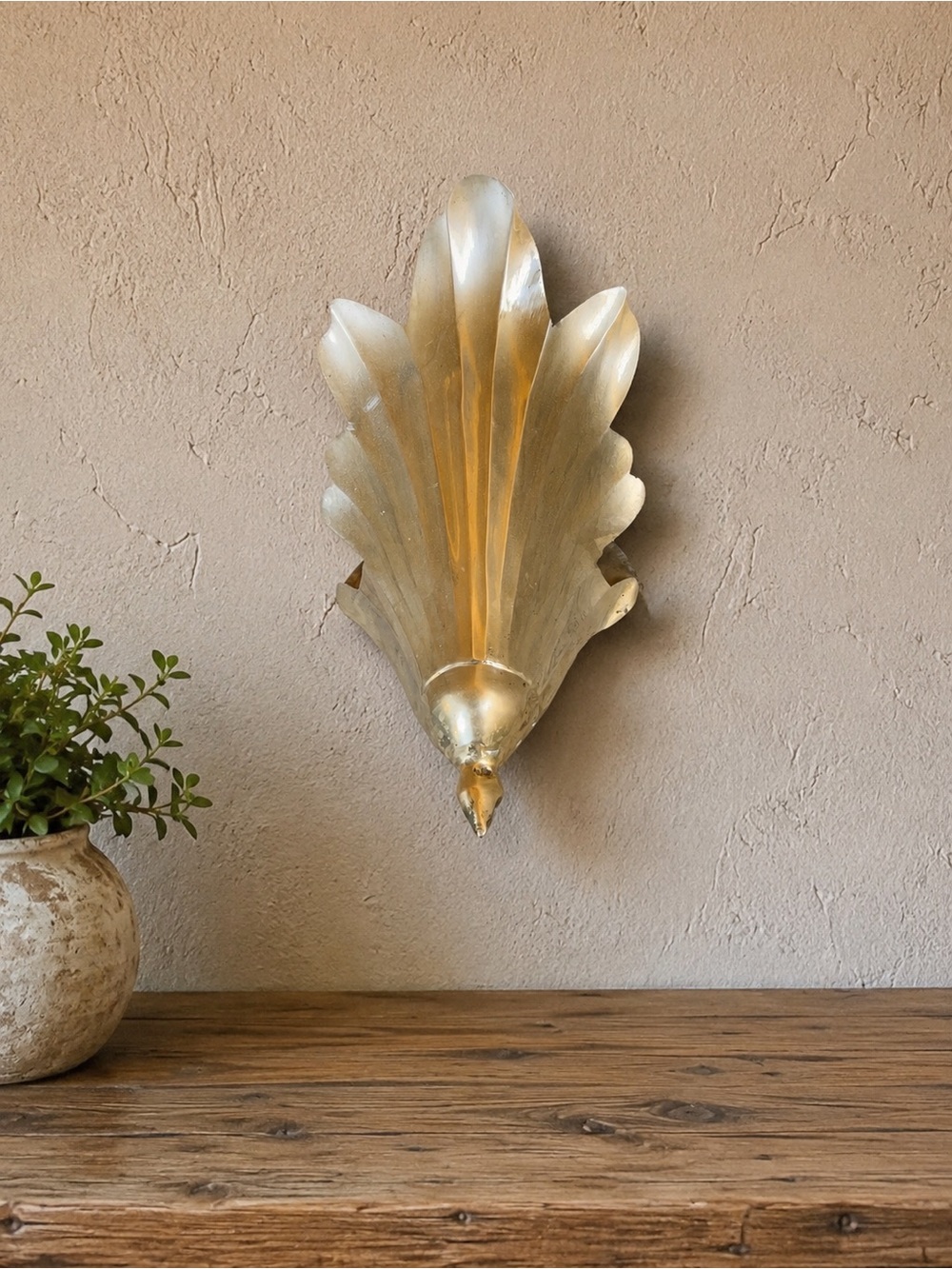 Vintage 70s Brass Leaf Wall Pocket 10 x 6